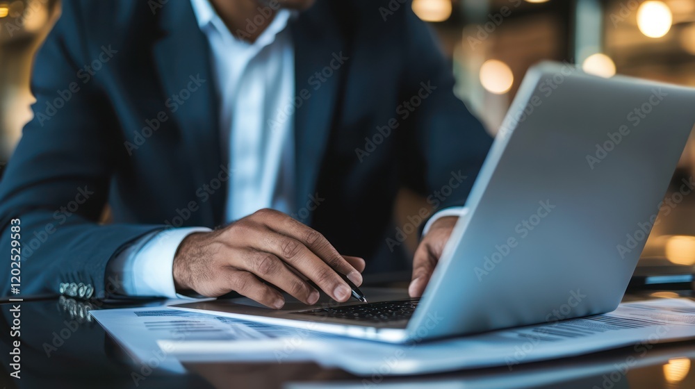 Businessman Working Late: Close-up shot of a businessman's hands diligently typing on a laptop, illuminated by the warm glow of a nearby light source. Businessman Working Late: Close-up shot of a businessman's hands diligently typing on a laptop, illuminated by the warm glow of a nearby light source.
