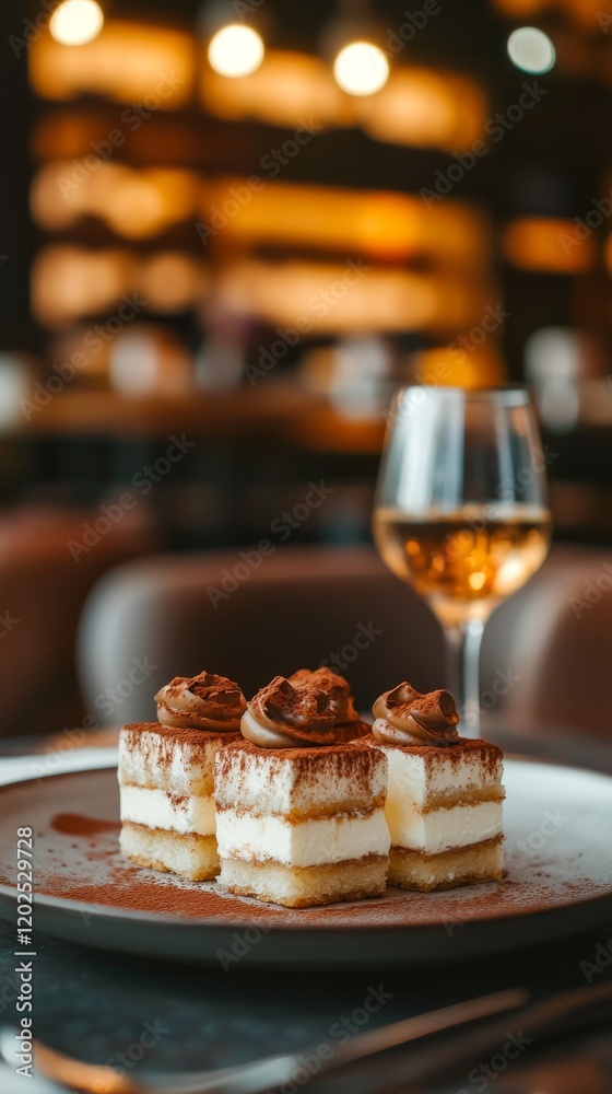 Close-up of layered Tiramisu finished with cocoa powder in a luxury restaurant. Cream cheese tiramisu with champagne biscuits. Close-up of layered Tiramisu finished with cocoa powder in a luxury restaurant. Cream cheese tiramisu with champagne biscuits.