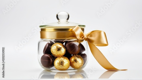 Luxurious glass bonbonniere jar with golden chocolates and satin bow, perfect for gifting.
