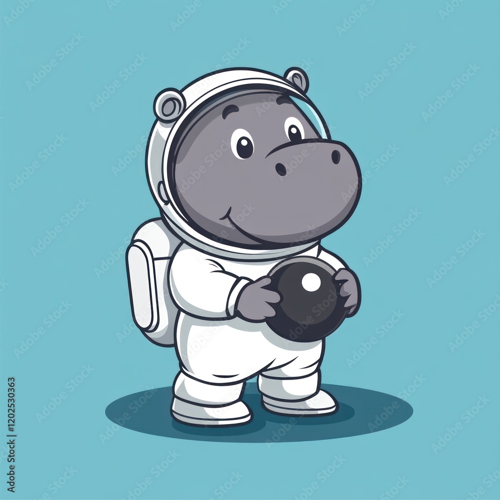 Fototapeta premium Cartoon hippo astronaut in white spacesuit holds ball on light blue background
