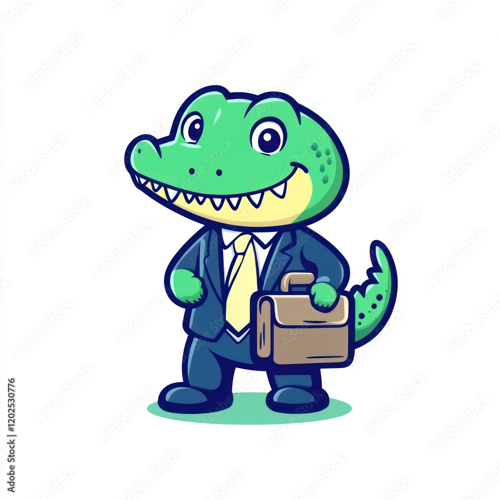 Obraz premium Smiling crocodile businessman, briefcase, office, cartoon