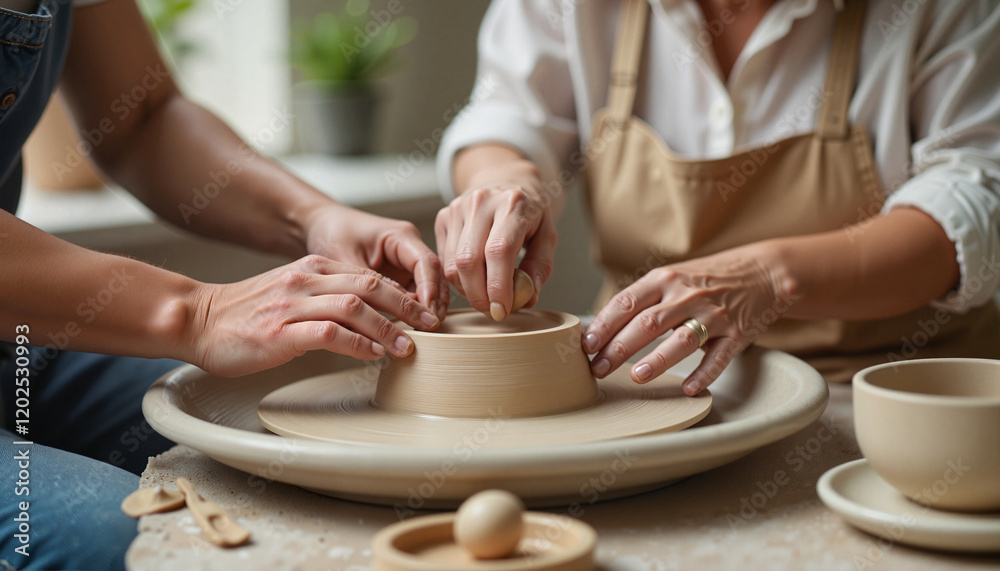 Couple crafting pottery together in bright studio, creation and love Couple crafting pottery together in bright studio, creation and love