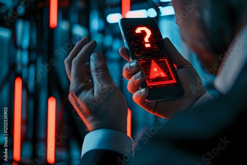 Businessman holding smartphone displaying glowing red question mark in dark environment with neon lighting, concept of cybersecurity threat and digital uncertainty. photo