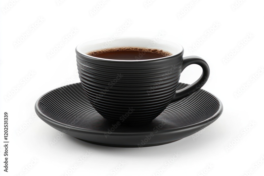Fototapeta premium Black coffee cup saucer studio shot, isolated white background, morning beverage
