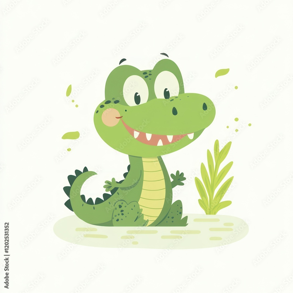 Fototapeta premium Cartoon alligator sitting on ground with plant, for use in kid's books and decoration