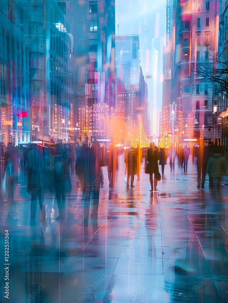 Obraz premium Atmospheric urban nightscape with neon reflections on wet city streets, perfect for modern lifestyle and urban design projects. Blurred silhouettes create dreamy motion effect.