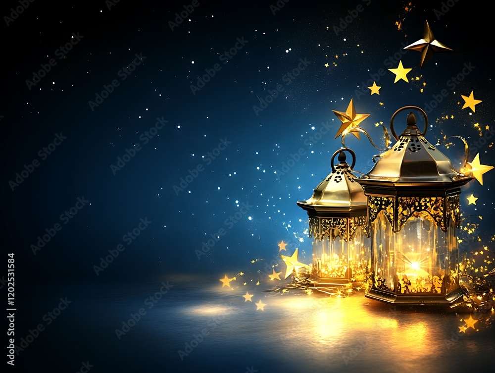 Golden Lanterns Glow Amidst Sparkling Stars and Night Sky Golden Lanterns Glow Amidst Sparkling Stars and Night Sky