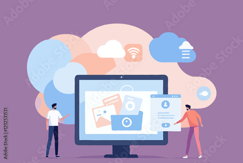 technology cloud storage backup. business cloud computing and datacenter security concept. with administrator and developer team. flat vector illustration design.