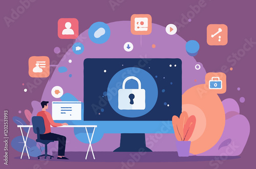 flat vector illustration design business data protection and internet cyber security concept . business people working concept