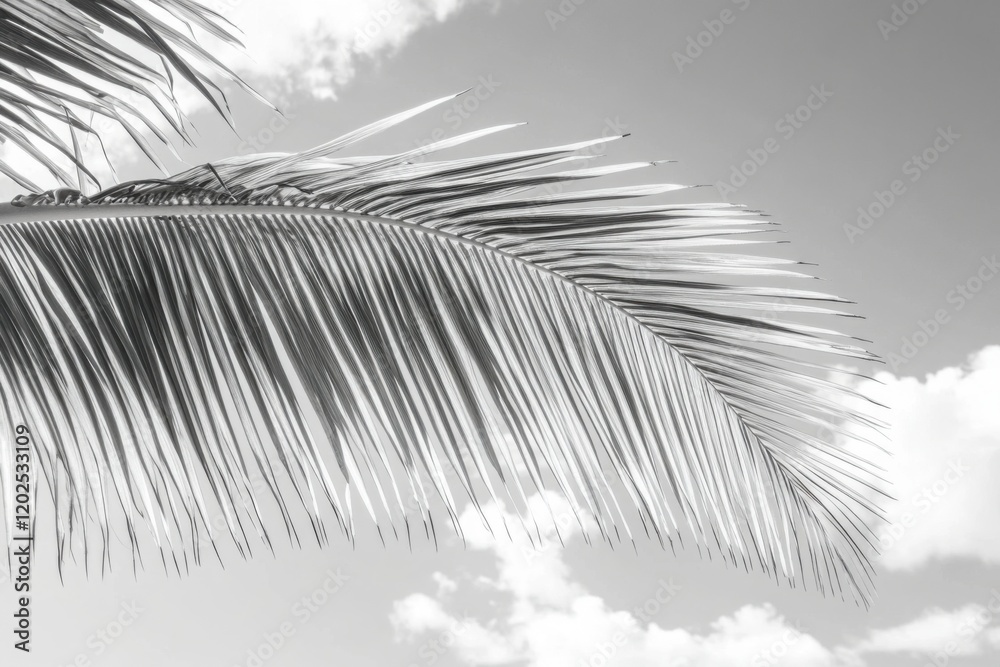 Obraz premium Black and White Close-Up of a Palm Leaf Against a Cloudy Sky, Highlighting the Detailed Veins and Texture of the Leaf in a Serene Natural Setting