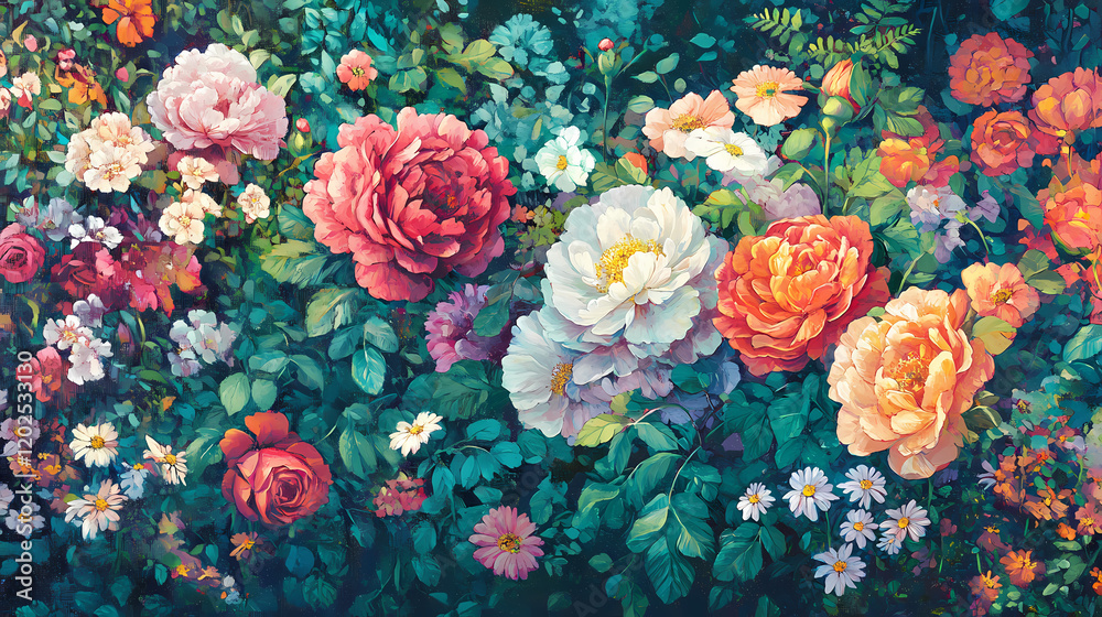 custom made wallpaper toronto digitalA vibrant tapestry of delicate blossoms and lush foliage, where roses, peonies, and daisies intertwine in a harmonious symphony of color and texture. Harmonious Nature Symphony. Illustration