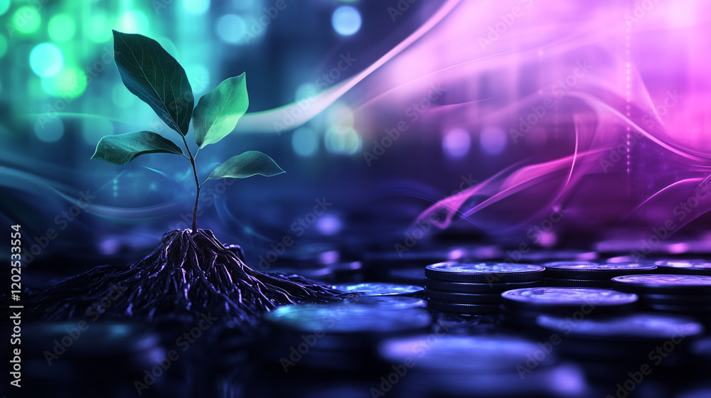 Obraz premium A delicate sapling sprouting from stacks of coins, its roots blending into the metallic surface, with a colorful, dreamy background of swirling purples and greens representing inve