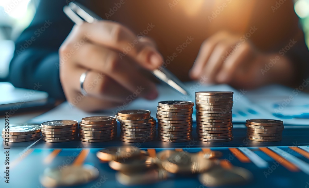 Business professional analyzing financial data with stacked coins showing growth trend, perfect for finance, investment, and business planning concepts. Business professional analyzing financial data with stacked coins showing growth trend, perfect for finance, investment, and business planning concepts.