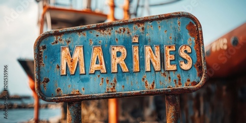 Aged and Weathered Blue Sign with Bold White Lettering and Rust Stains Symbolizes Maritime History and the Passage of Time in Coastal Industrial Environments photo