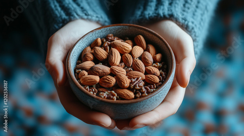 Hands holding a smooth ceramic bowl filled with superfood nuts, including almonds and pecans, with a backdrop of textured fabrics and scattered seeds, symbolizing health and nutrit photo