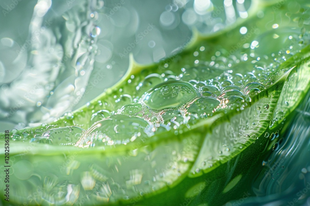 Fototapeta premium Macro shot of aloe vera leaf detailed water droplets highlighting freshness natural skincare hydration concept