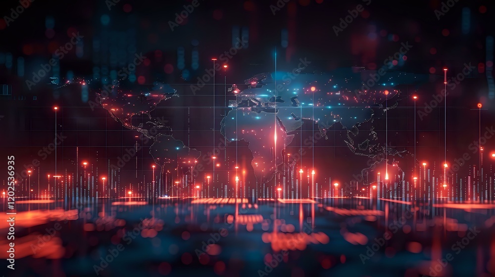 Fototapeta premium Futuristic digital world map visualization with glowing red data points and vertical connection lines. Perfect for technology, global network, and cybersecurity concepts.