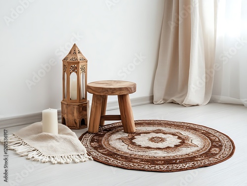 Wooden Stool Candle Lantern And Rug In Room Decor