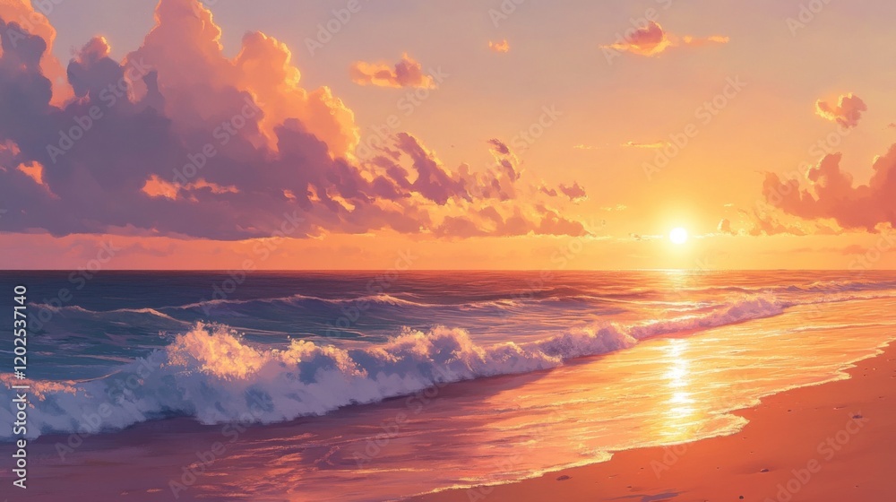 Serene sunset beach with calm waves Serene sunset beach with calm waves