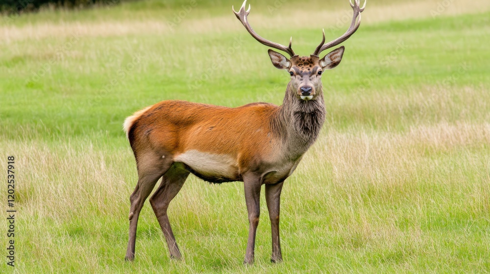 Fototapeta premium Majestic red deer stag in grassy parkland, wildlife, nature