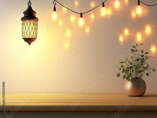 Wooden table setting with lantern lights and plant photo