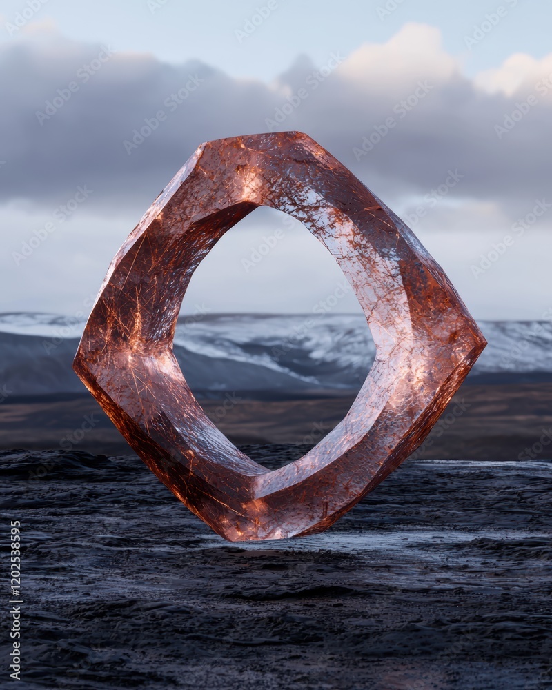 Fototapeta premium Abstract glass sculpture in a dramatic landscape
