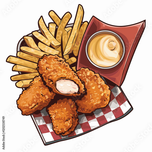 Cartoon Chicken Nuggets and Fries with Dipping Sauce