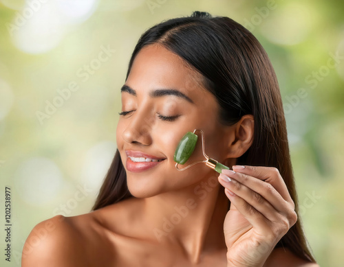 Relaxed Asian woman using a jade roller for glowing skin photo