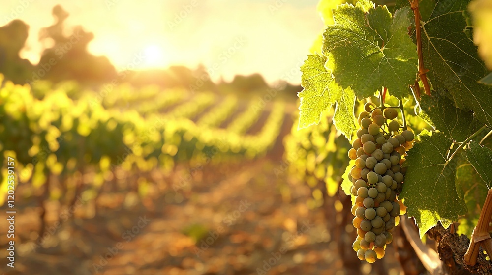 Fototapeta premium A vineyard with grapes hanging from the vines, bathed in sunlight through the leafy canopy above