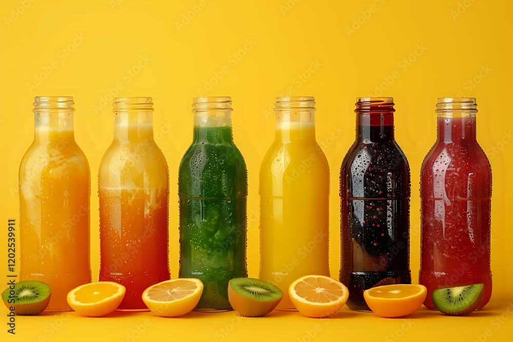 Fresh cold-pressed juices in glass bottles with citrus fruits and kiwi on yellow background, perfect for healthy lifestyle and detox drink promotions. Fresh cold-pressed juices in glass bottles with citrus fruits and kiwi on yellow background, perfect for healthy lifestyle and detox drink promotions.