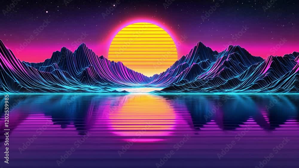 Vintage retro video game 1980's past future background flying over reflective water between mountains with the sun setting in the background.