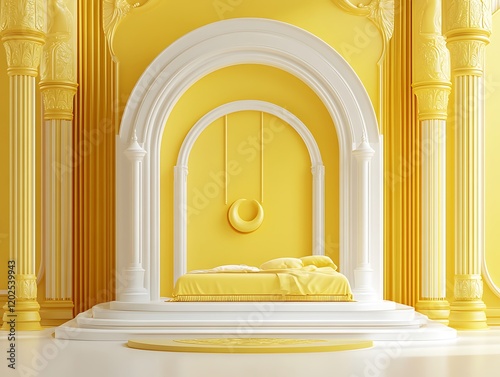 Yellow bedroom with ornate columns and arched alcove photo