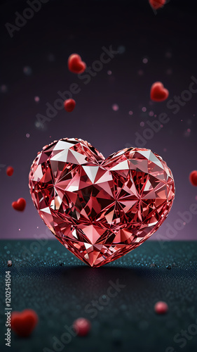 Red crystal heart. Valentines, love and romantic 3d illustration. Background for a smartphone