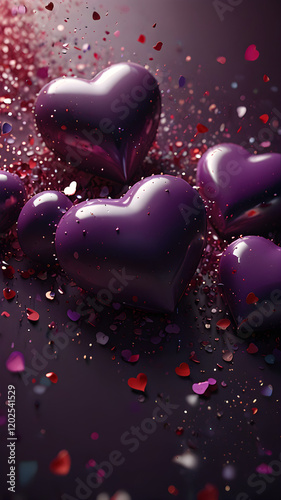 Purple heart on purple surface. Valentines day design. Love and romantic 3d illustration. Background for a smartphone