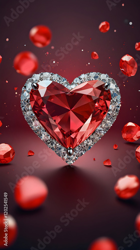 Ruby heart on crystal rim. Valentines, love and romantic 3d illustration. Background for a smartphone