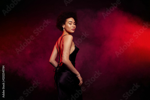 Photo of charming tender model enjoying private party isolated on dark red color background