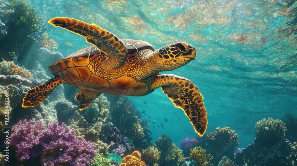 Obraz premium Vibrant sea turtle swimming above coral reef