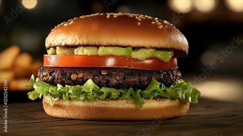 Delicious Veggie Burger on a Wooden Table photo