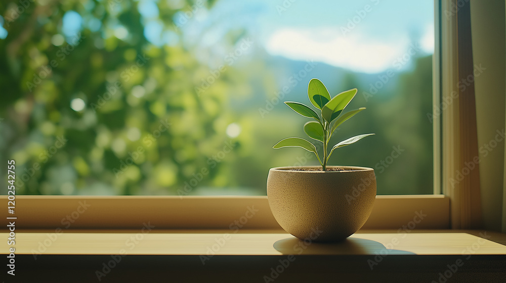 A single green plant in a small, biodegradable pot sitting on a windowsill, bathed in soft natural light. A single green plant in a small, biodegradable pot sitting on a windowsill, bathed in soft natural light.
