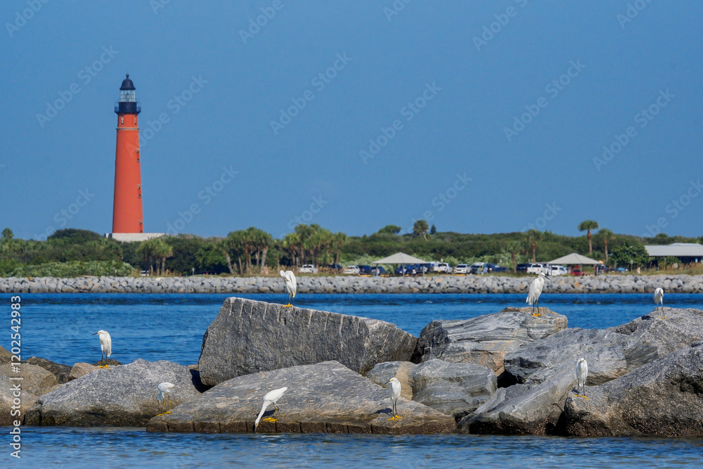 Snowy egrets on the jetty, New Smyrna Beach, Florida, view of Ponce de Leon Inlet Lighthouse