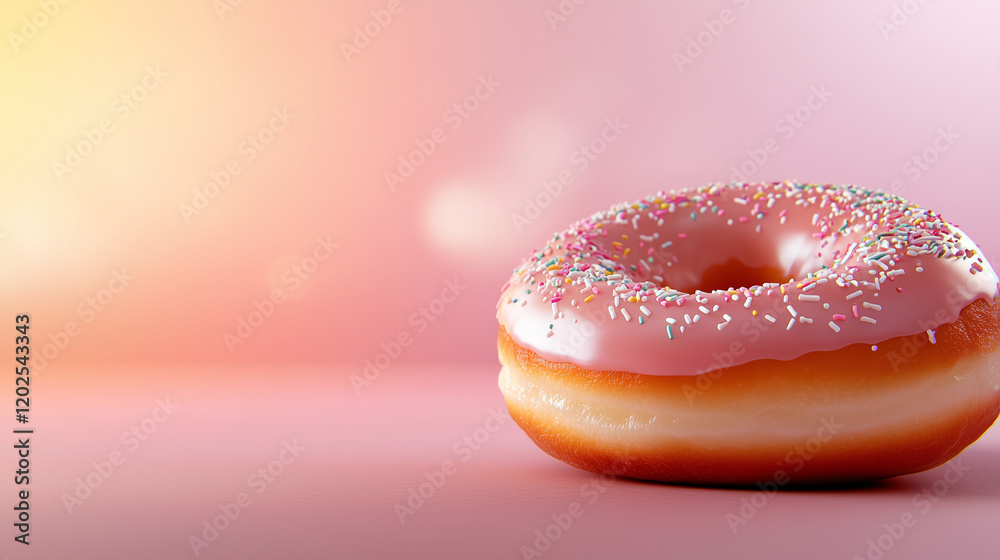 A perfectly glazed donut sitting on a plain colorful background, with a focus on its shiny texture and vibrant sprinkles A perfectly glazed donut sitting on a plain colorful background, with a focus on its shiny texture and vibrant sprinkles