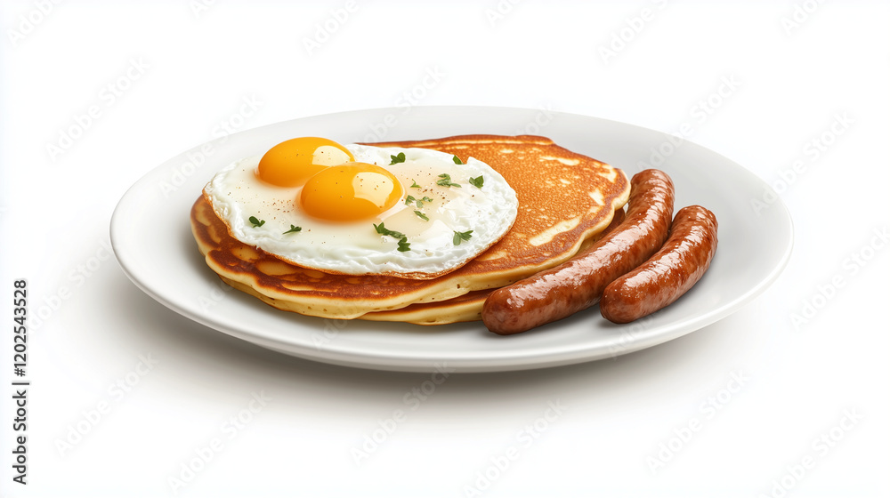 A breakfast platter featuring pancakes, scrambled eggs, and sausage, styled cleanly on a plain white background A breakfast platter featuring pancakes, scrambled eggs, and sausage, styled cleanly on a plain white background