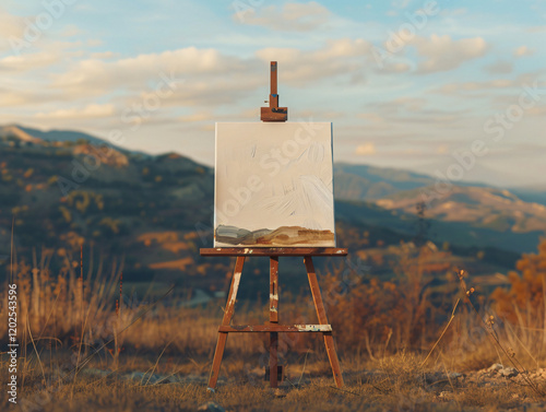A minimalist photo of an artist’s easel set in front of a scenic landscape, with a half-finished painting on the canvas.