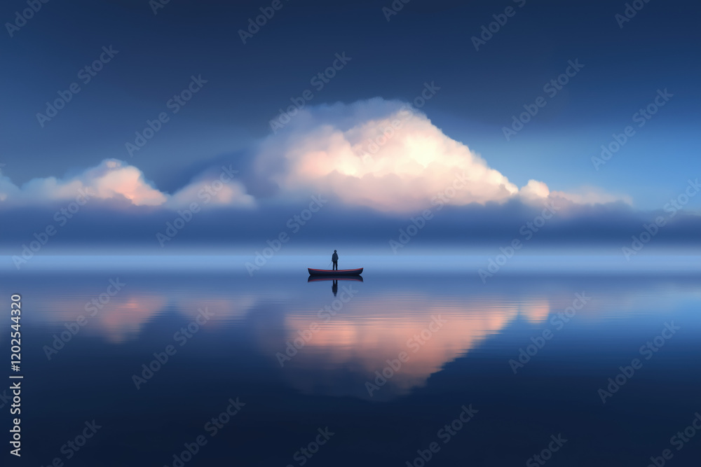Solitary Figure in a Boat on Calm Waters Under a Cloudy Sky Solitary Figure in a Boat on Calm Waters Under a Cloudy Sky