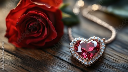 Fototapeta Naklejka Na Ścianę i Meble -  Heart-shaped ruby pendant with rose on rustic wood.  Possible use Valentine's Day jewelry