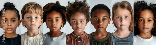 Diverse group of elementary school age children in a panoramic portrait lineup, perfect for education, diversity, and youth concepts in modern marketing and social campaigns.