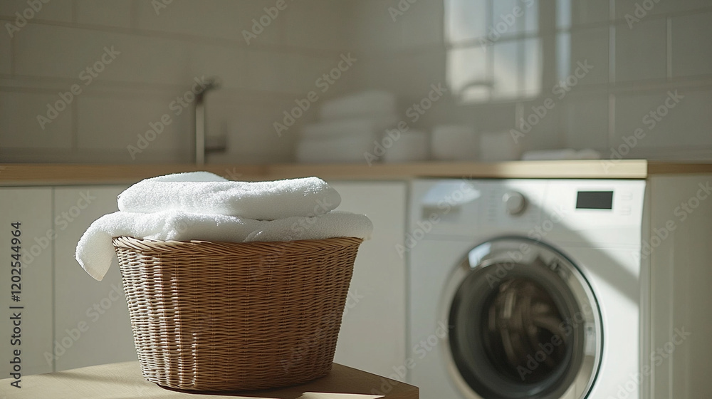A minimalist laundry room with a washing machine next to a wooden basket filled with clean towels, modern design, and a blurred background creating an empty caption space on the side
A minimalist laundry room with a washing machine next to a wooden basket filled with clean towels, modern design, and a blurred background creating an empty caption space on the side