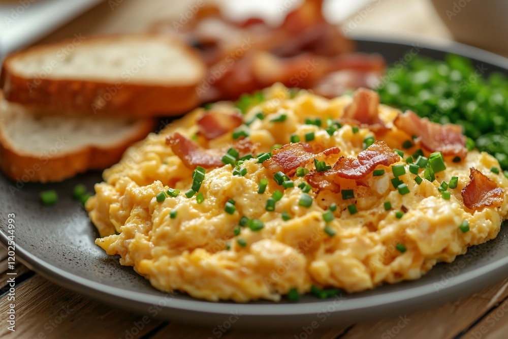 Delicious scrambled eggs breakfast with bacon and toast Delicious scrambled eggs breakfast with bacon and toast