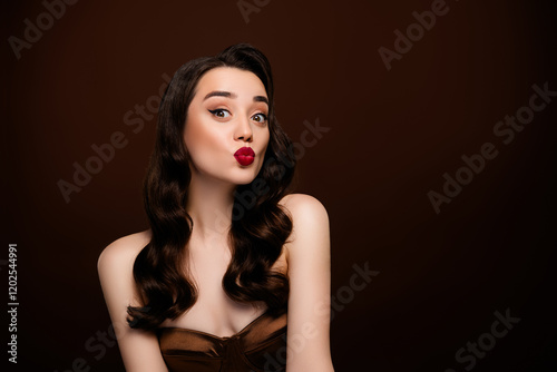 Photo of lovely stunning lady luxury festive event party isolated on brown color background