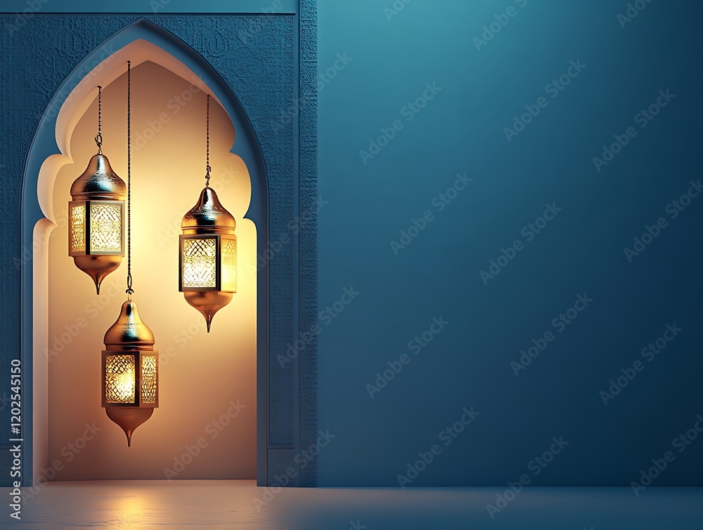 Illuminated Ramadan Lanterns Hanging in Archway Niche